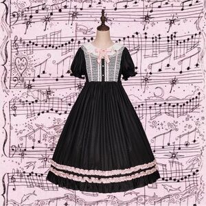 Cute.Q Jenny’s Dresser Black Lolita OP Sz M/L Chiffon Collar Ruffle EGL Dress